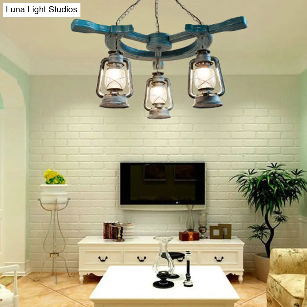 Industrial Blue Pendant Chandelier With Kerosene Clear Glass Shade - 3 Lights For Living Room