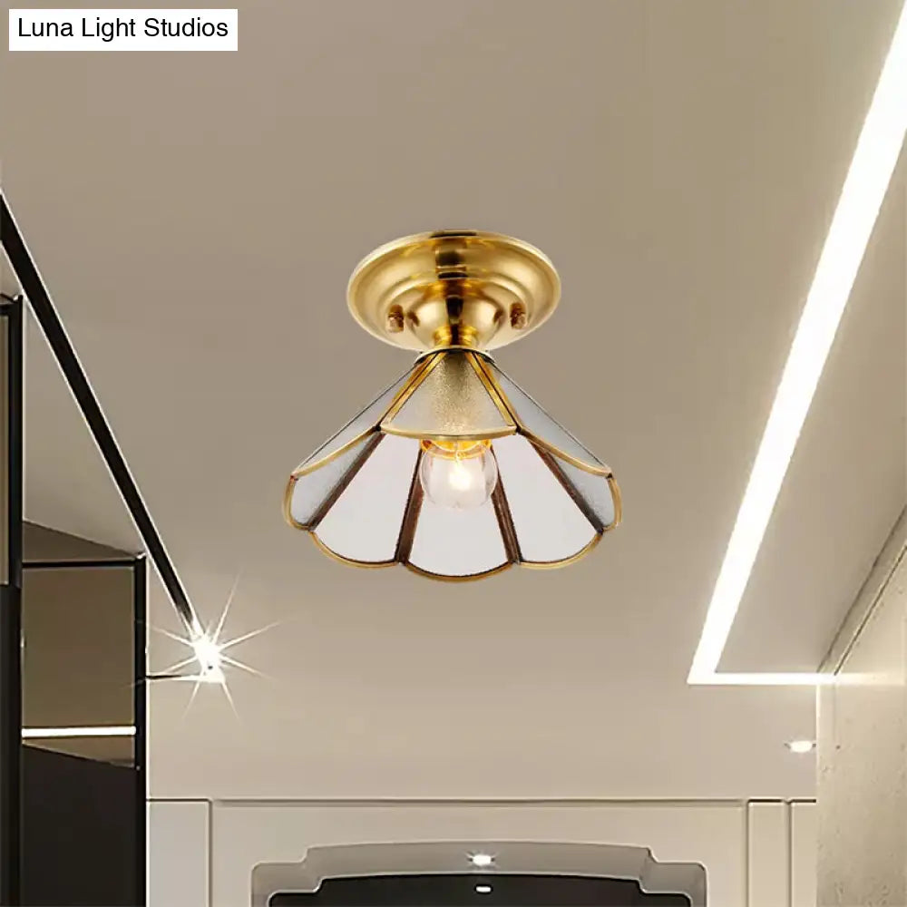 Industrial Brass Hammered Glass Semi Flush Ceiling Mount Light With Cone/Wide Flare Shade