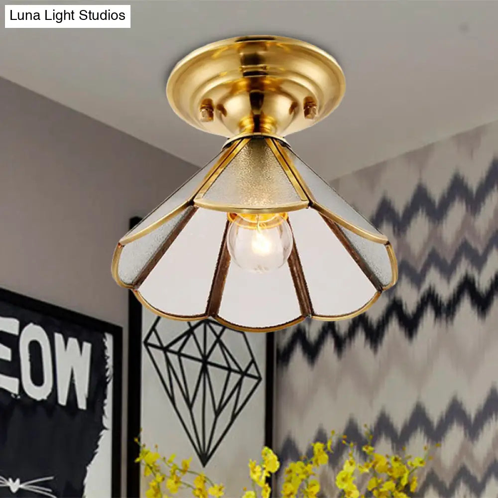 Industrial Brass Hammered Glass Semi Flush Ceiling Mount Light With Cone/Wide Flare Shade