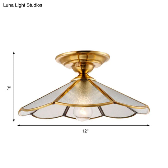 Industrial Brass Hammered Glass Semi Flush Ceiling Mount Light With Cone/Wide Flare Shade
