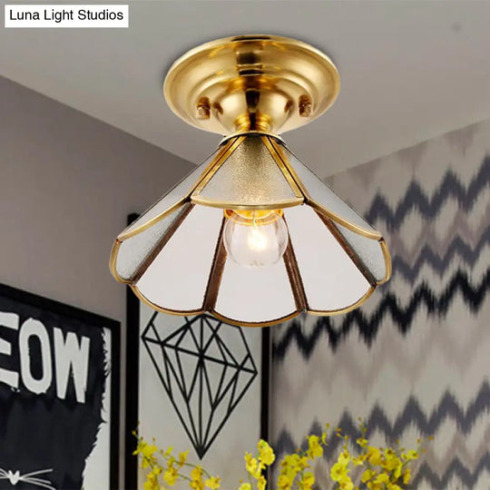 Industrial Brass Hammered Glass Semi Flush Ceiling Mount Light With Cone/Wide Flare Shade