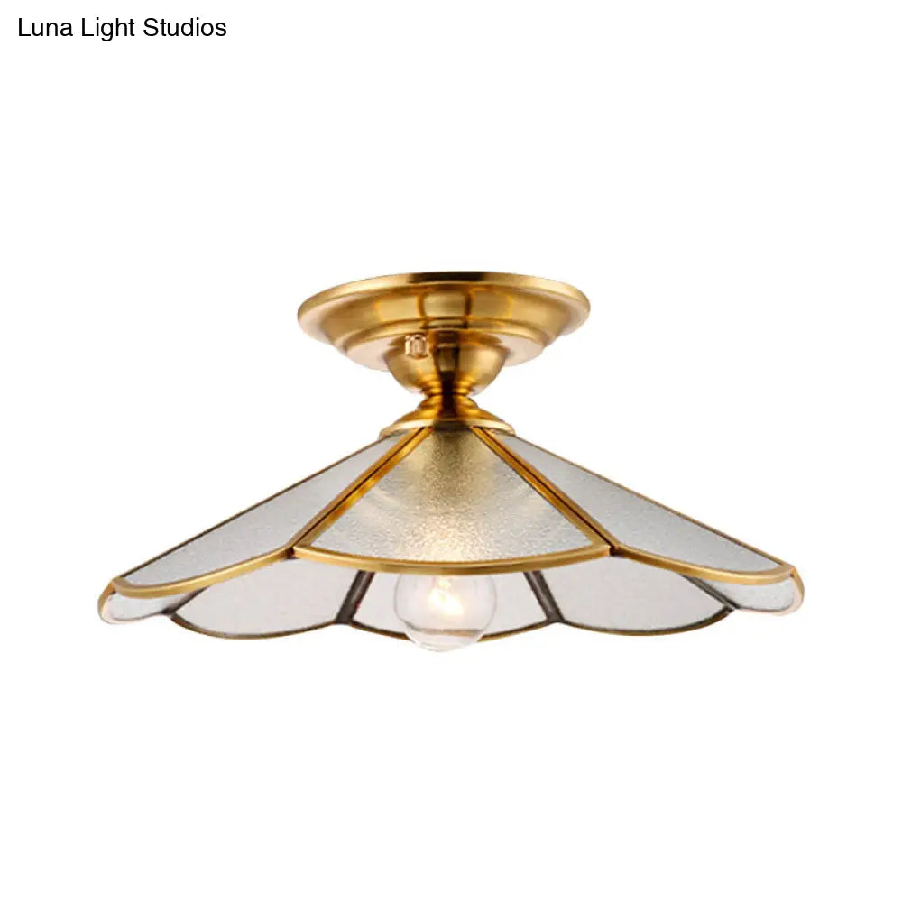 Industrial Brass Hammered Glass Semi Flush Ceiling Mount Light With Cone/Wide Flare Shade