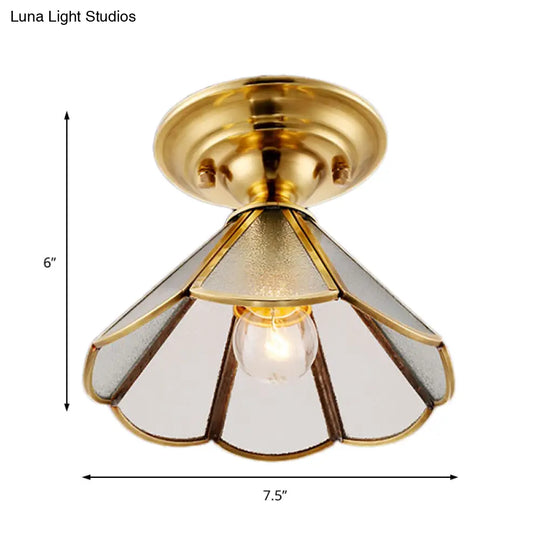 Industrial Brass Hammered Glass Semi Flush Ceiling Mount Light With Cone/Wide Flare Shade
