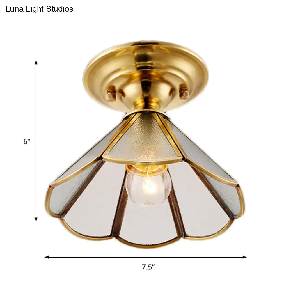 Industrial Brass Hammered Glass Semi Flush Ceiling Mount Light With Cone/Wide Flare Shade