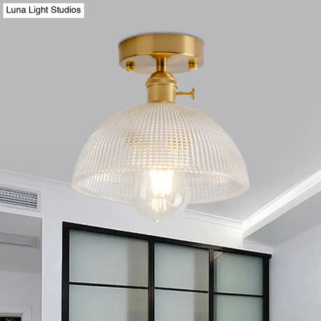 Industrial Brass Semi Flush Ceiling Light With Dome/Barn/Flower Shade - Amber/Clear Textured Glass