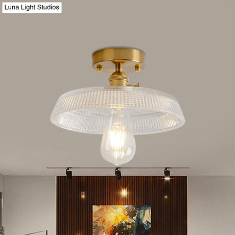 Industrial Brass Semi Flush Ceiling Light With Dome/Barn/Flower Shade - Amber/Clear Textured Glass