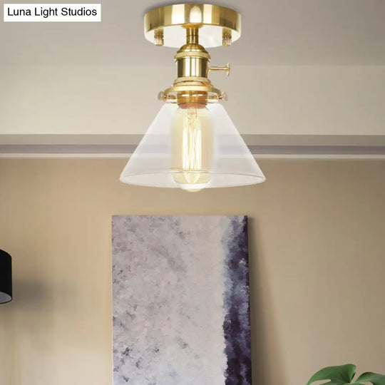 Industrial Brass Semi-Flush Light With Clear/Amber Glass For Living Room - One Cone Fixture Clear