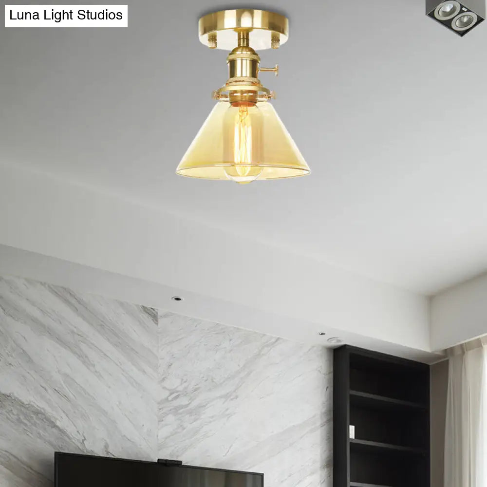 Industrial Brass Semi-Flush Light With Clear/Amber Glass For Living Room - One Cone Fixture Amber