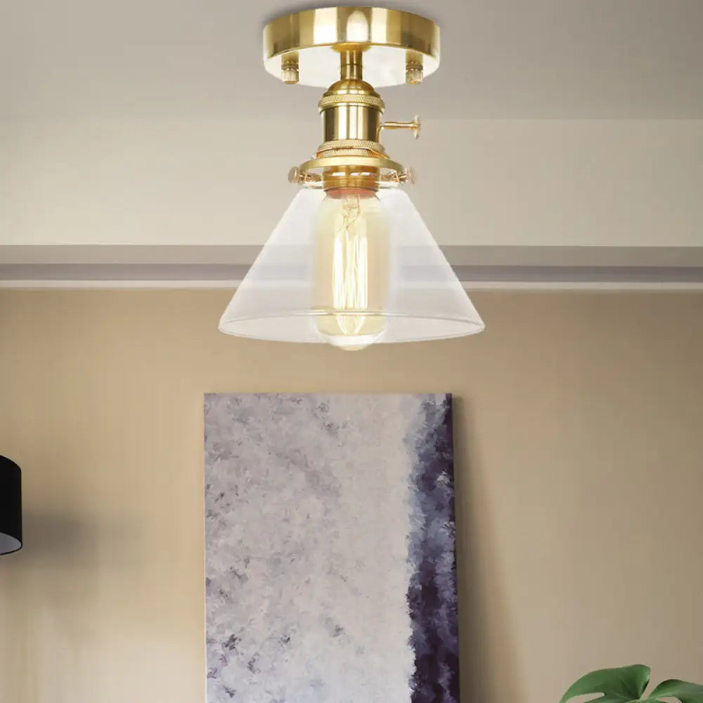 Industrial Brass Semi-Flush Light With Clear/Amber Glass For Living Room - One Cone Fixture Clear