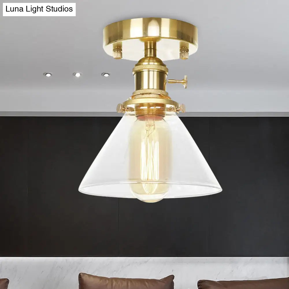 Industrial Brass Semi-Flush Light With Clear/Amber Glass For Living Room - One Cone Fixture