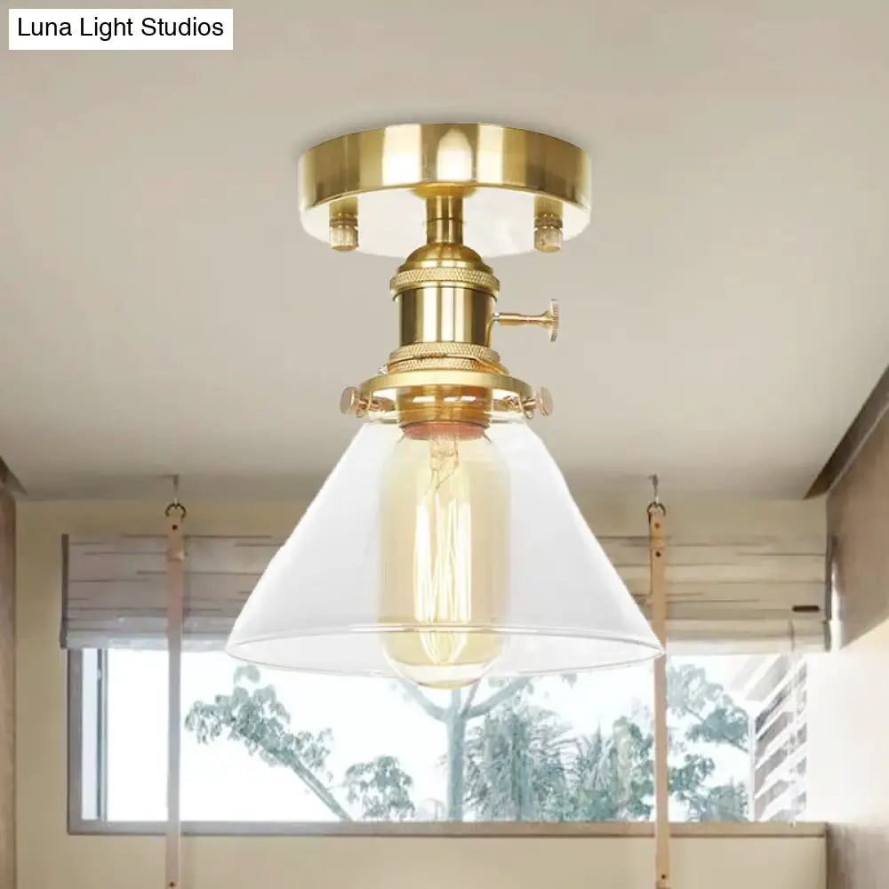 Industrial Brass Semi-Flush Light With Clear/Amber Glass For Living Room - One Cone Fixture