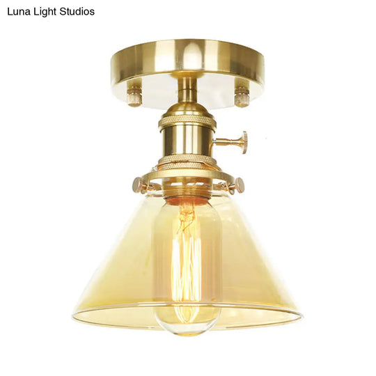 Industrial Brass Semi-Flush Light With Clear/Amber Glass For Living Room - One Cone Fixture