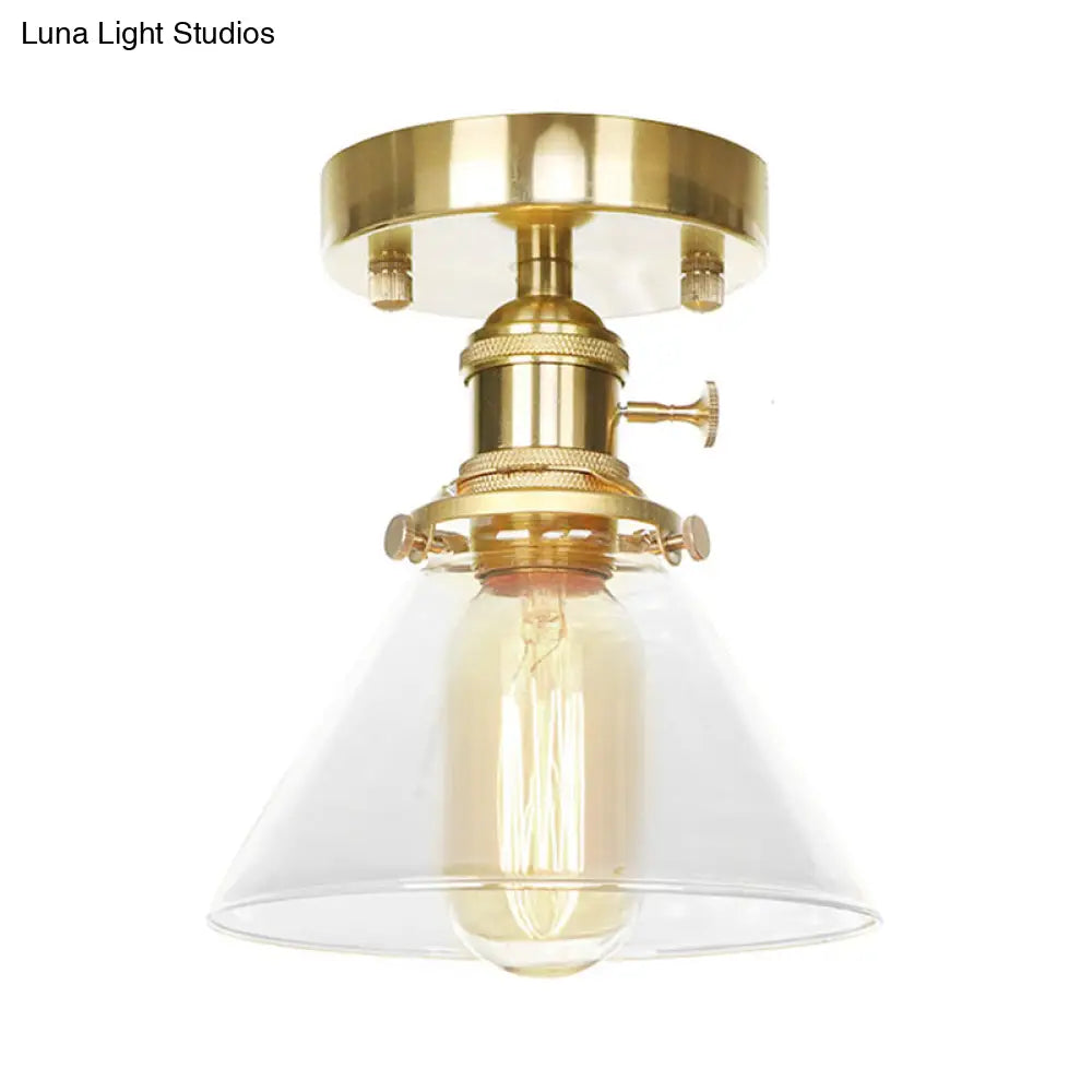 Industrial Brass Semi-Flush Light With Clear/Amber Glass For Living Room - One Cone Fixture