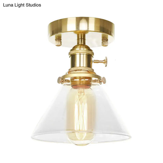 Industrial Brass Semi-Flush Light With Clear/Amber Glass For Living Room - One Cone Fixture