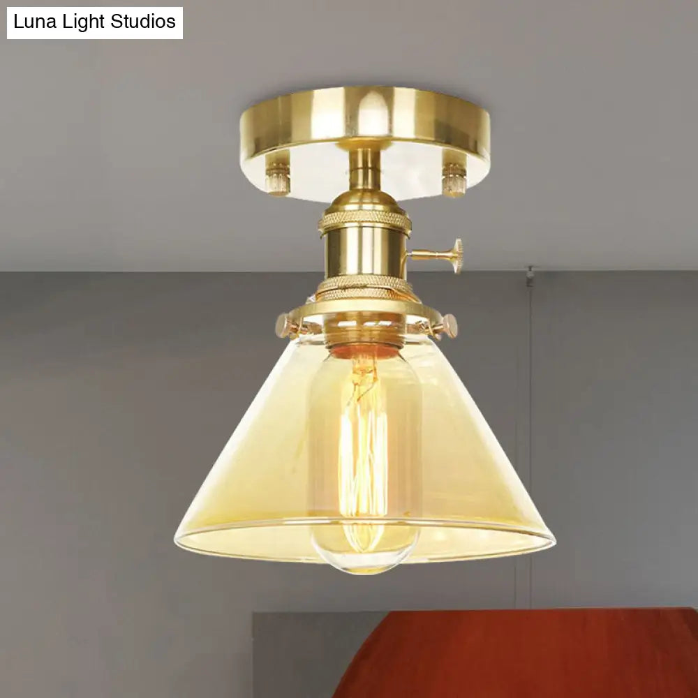 Industrial Brass Semi-Flush Light With Clear/Amber Glass For Living Room - One Cone Fixture
