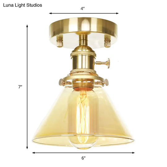 Industrial Brass Semi-Flush Light With Clear/Amber Glass For Living Room - One Cone Fixture