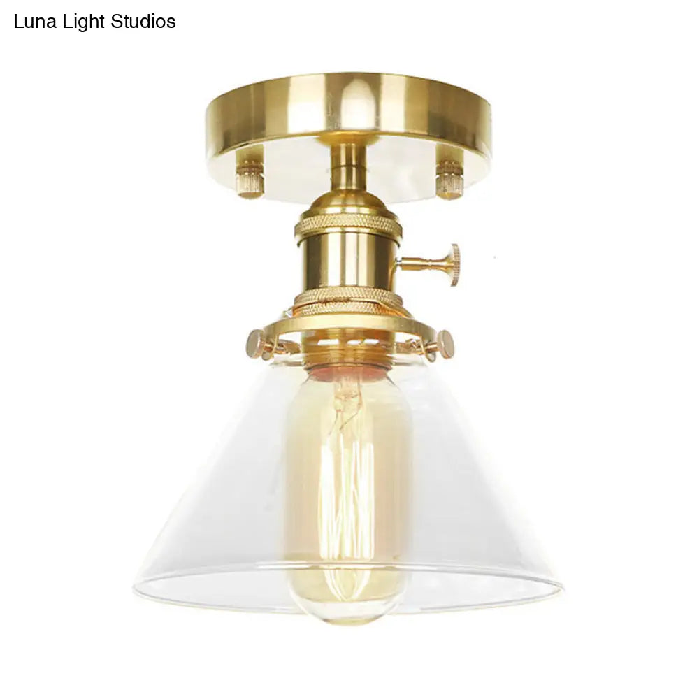 Industrial Brass Semi-Flush Light With Clear/Amber Glass For Living Room - One Cone Fixture