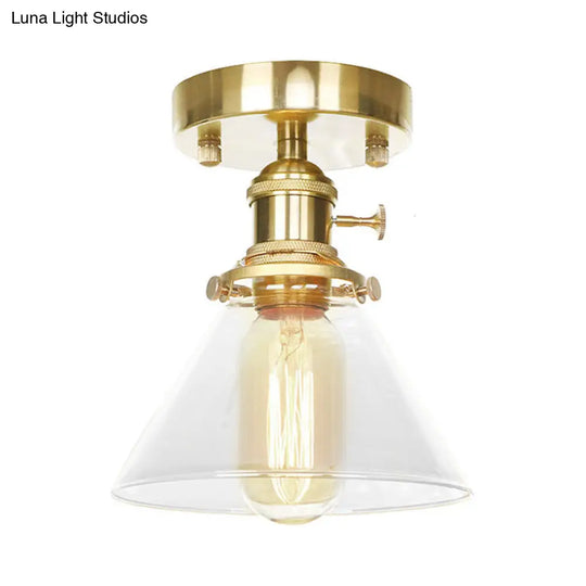 Industrial Brass Semi-Flush Light With Clear/Amber Glass For Living Room - One Cone Fixture