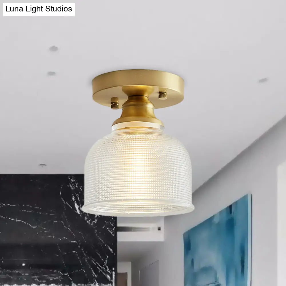 Industrial Brass Semi Flush Light With Prismatic Glass For Living Room