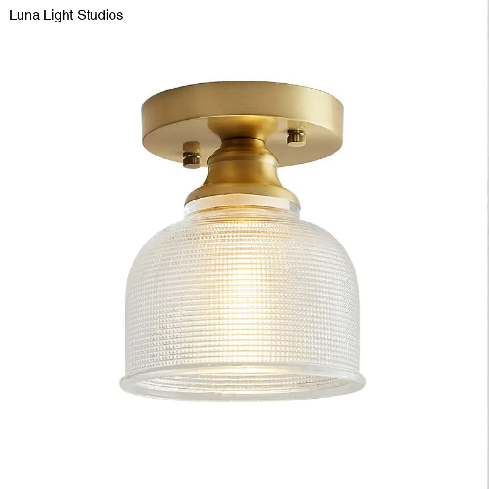 Industrial Brass Semi Flush Light With Prismatic Glass For Living Room
