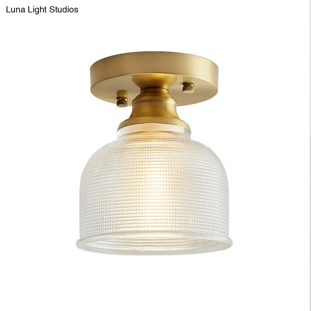 Industrial Brass Semi Flush Light With Prismatic Glass For Living Room
