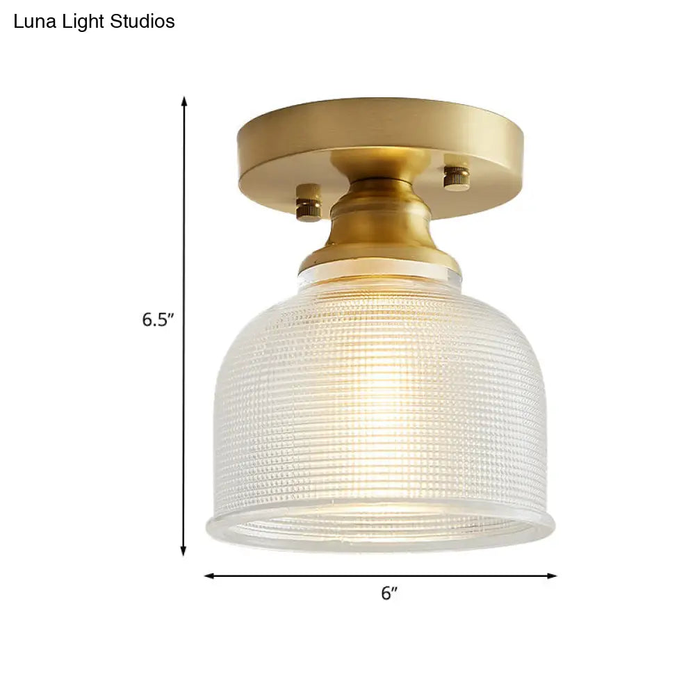Industrial Brass Semi Flush Light With Prismatic Glass For Living Room