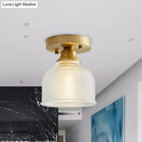 Industrial Brass Semi Flush Light With Prismatic Glass For Living Room