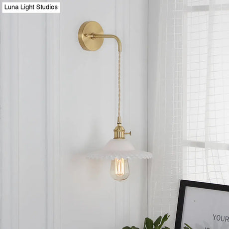 Industrial Brass Wall Mounted Lamp: Scalloped Clear/Opal Glass Bedroom Sconce Light With Single Bulb