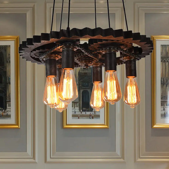 Industrial Bronze Gear Ceiling Lamp Metal Pendant Lighting For Dining Room - 1/6 Bulb 6 /
