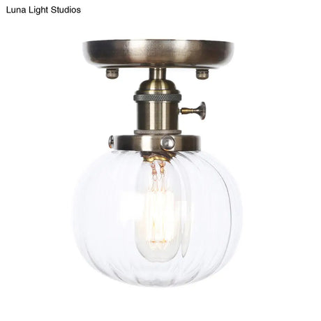 Industrial Bronze Globe Semi Flush Light With Clear/Amber Glass - Indoor Lighting Fixture