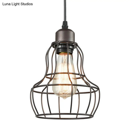 Bronze 1 Light Industrial Metal Wire Cage Pendant Lamp For Bedroom - Hanging Fixture