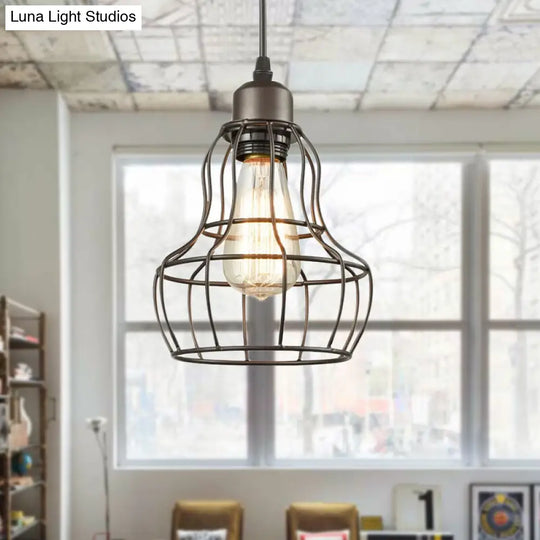 Bronze 1 Light Industrial Metal Wire Cage Pendant Lamp For Bedroom - Hanging Fixture