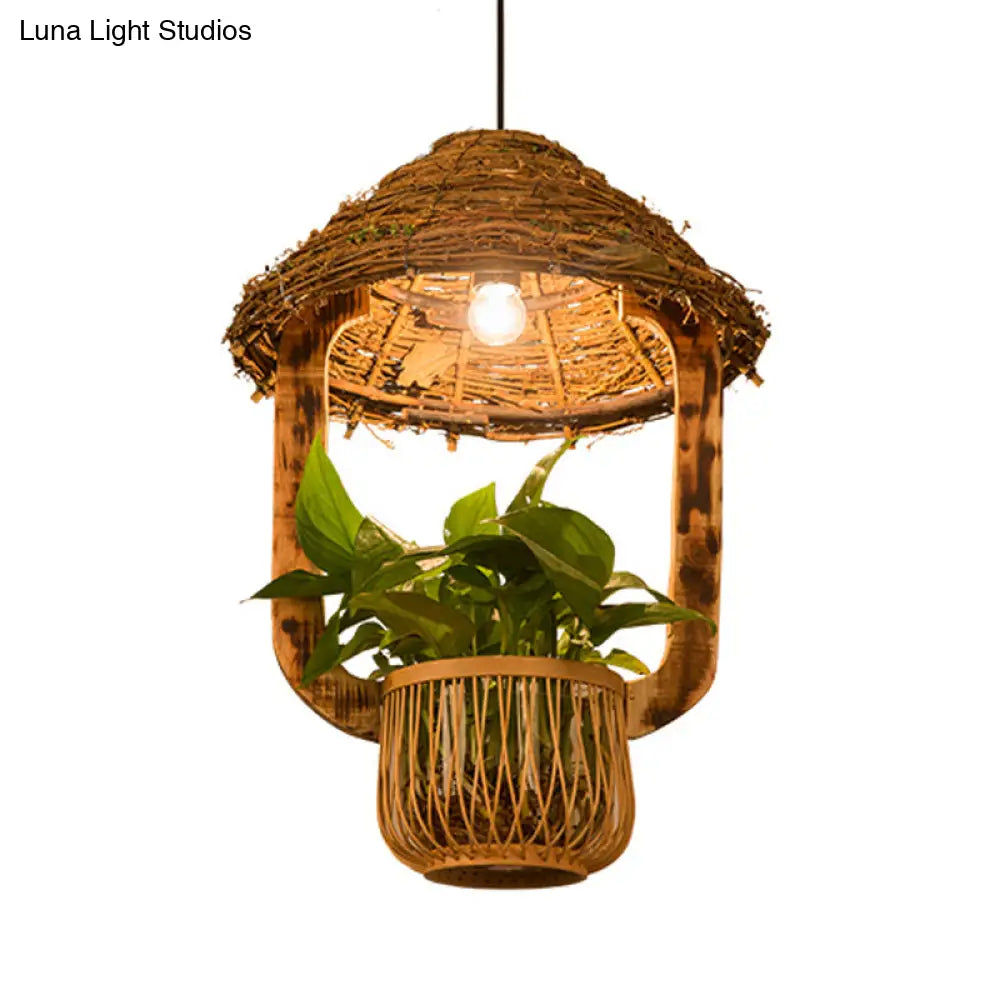 Industrial Brown Rattan Pendant Light For Restaurants - Hut Plant Pot Design