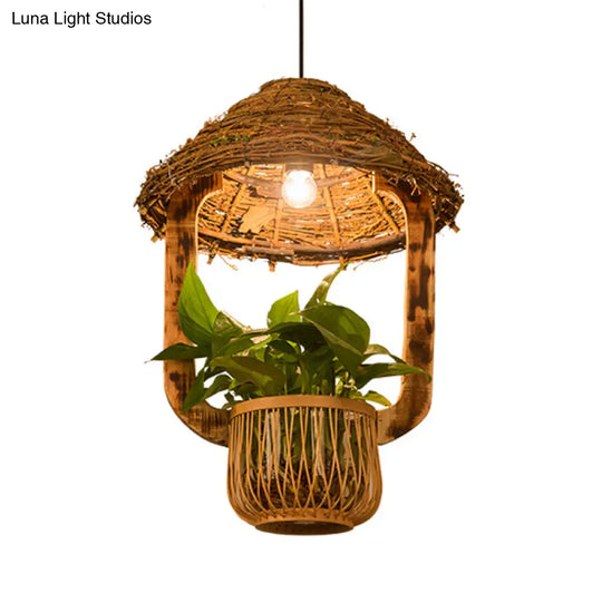 Industrial Brown Rattan Pendant Light For Restaurants - Hut Plant Pot Design