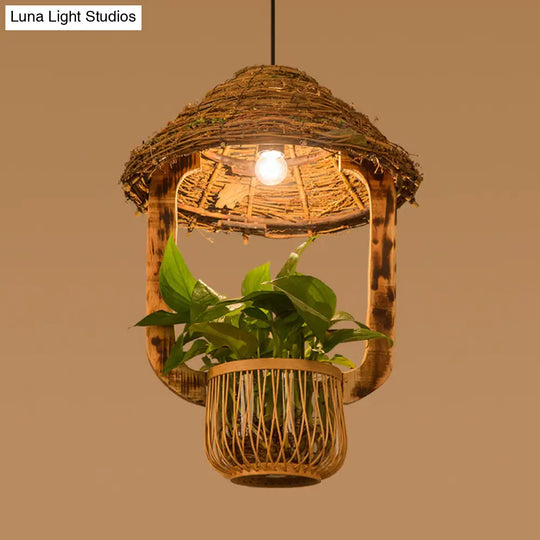 Industrial Brown Rattan Pendant Light For Restaurants - Hut Plant Pot Design