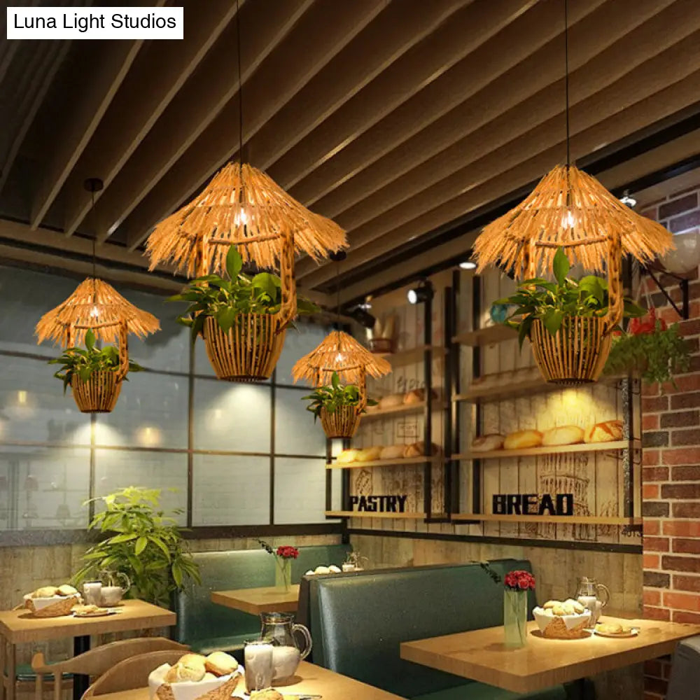 Rattan Pendant Lighting - Industrial Brown Hut Design Restaurant Pendulum Light / A