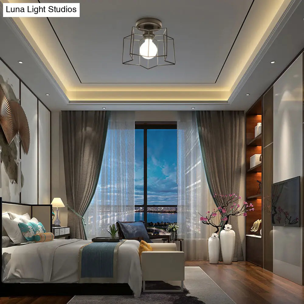 Industrial Cage Ceiling Light Fixture In Black For Bedroom Loft - Star Metal Design Close To
