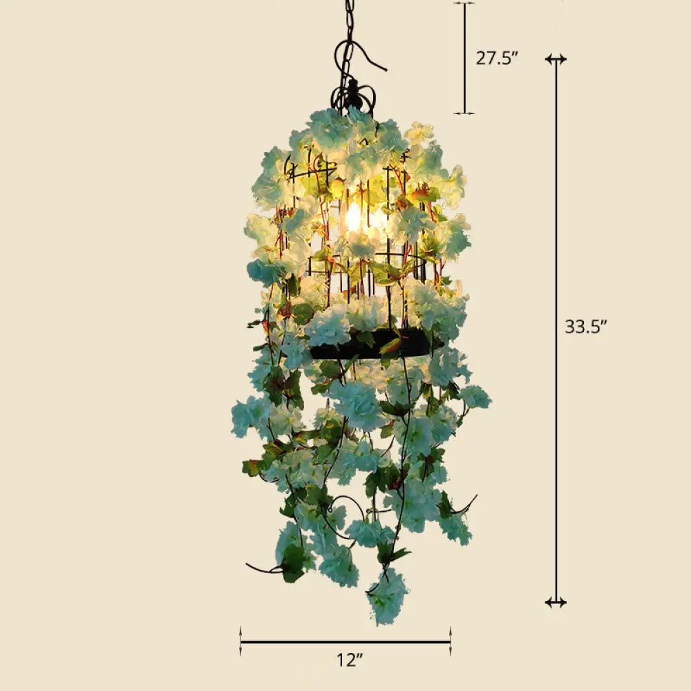 Industrial Cage Chandelier Pendant Light With Faux Plant Decor Blue