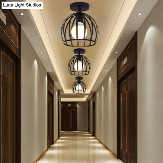 Industrial Cage Metal Ceiling Light In Black - Single-Bulb Semi Flush Fixture Ideal For Corridor /