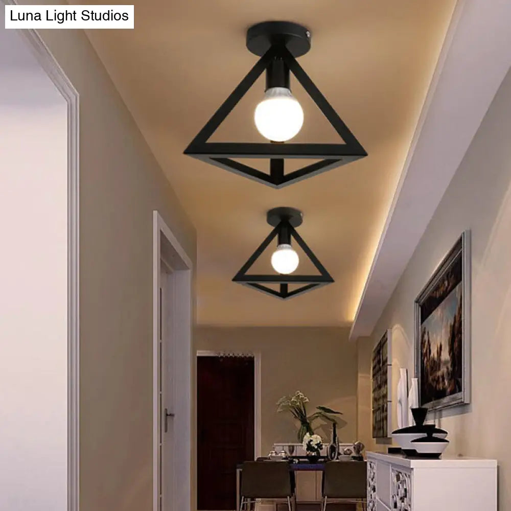 Industrial Cage Metal Ceiling Light In Black - Single-Bulb Semi Flush Fixture Ideal For Corridor /