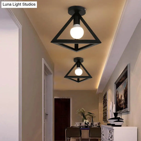 Industrial Cage Metal Ceiling Light In Black - Single-Bulb Semi Flush Fixture Ideal For Corridor /