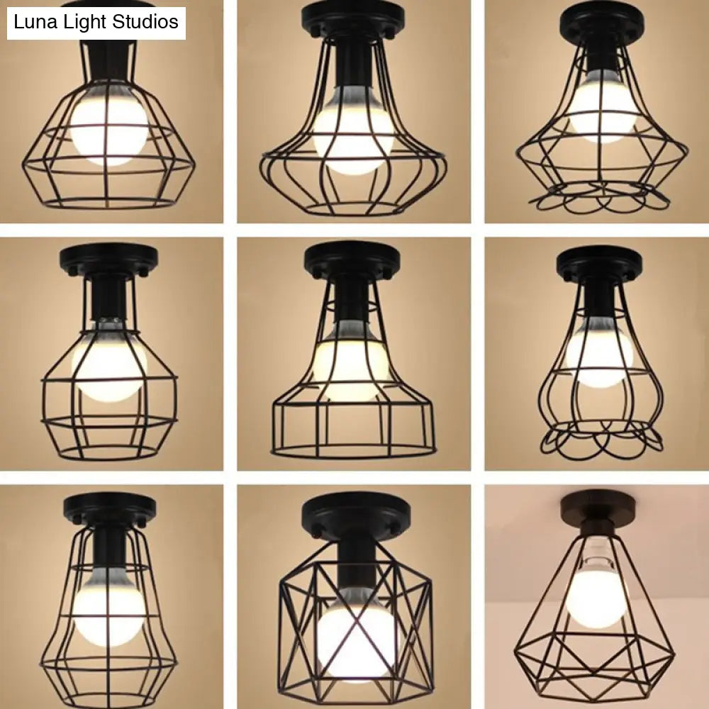 Industrial Cage Metal Ceiling Light In Black - Single-Bulb Semi Flush Fixture Ideal For Corridor /