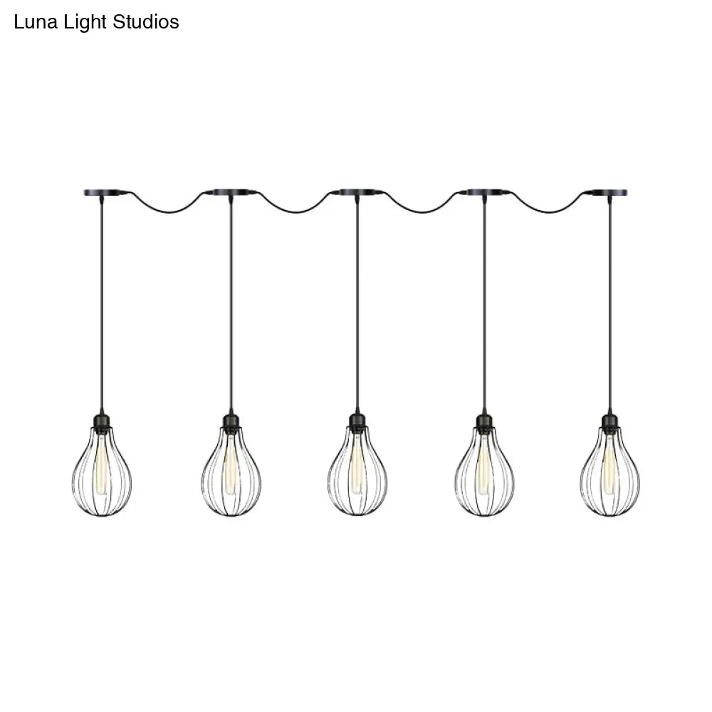 Industrial Pear Cage Pendant Chandelier With 3/5/7 Bulb Multi Light Kit In Black Iron