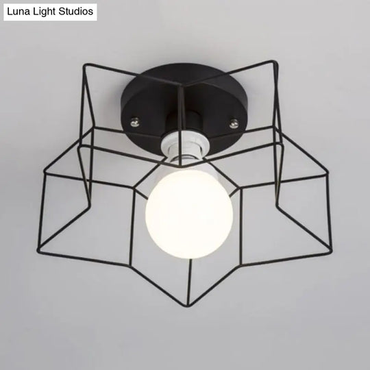 Industrial Cage Shade Ceiling Light For Bedroom - Black/White Metal Semi-Flush Mount