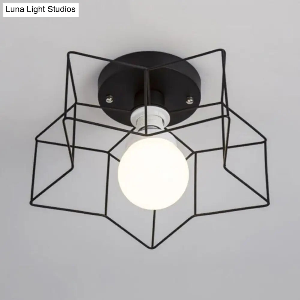 Industrial Cage Shade Ceiling Light For Bedroom - Black/White Metal Semi-Flush Mount