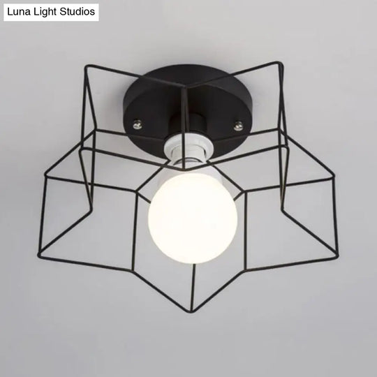 Industrial Cage Shade Ceiling Light For Bedroom - Black/White Metal Semi-Flush Mount