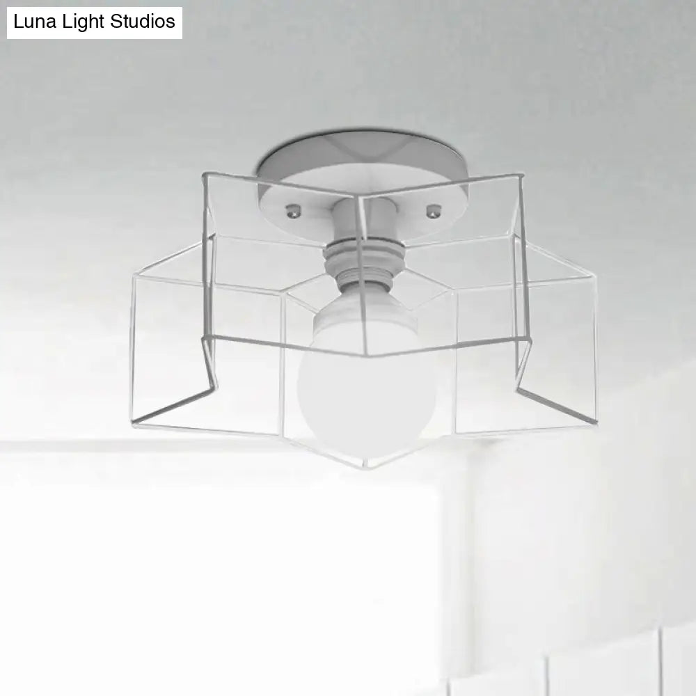 Industrial Cage Shade Ceiling Light For Bedroom - Black/White Metal Semi-Flush Mount