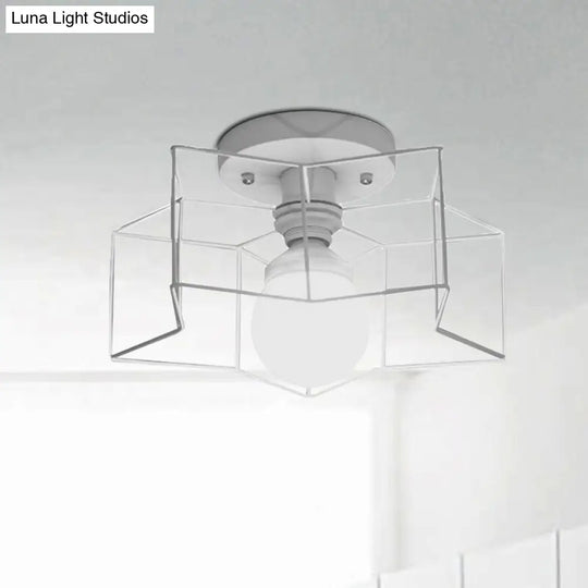 Industrial Cage Shade Ceiling Light For Bedroom - Black/White Metal Semi-Flush Mount