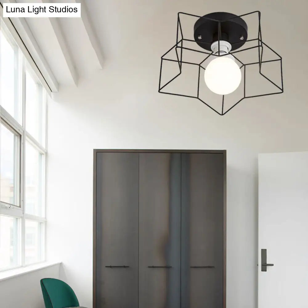 Industrial Cage Shade Ceiling Light For Bedroom - Black/White Metal Semi-Flush Mount Black