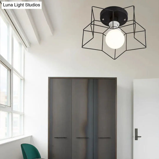 Industrial Cage Shade Ceiling Light For Bedroom - Black/White Metal Semi-Flush Mount Black